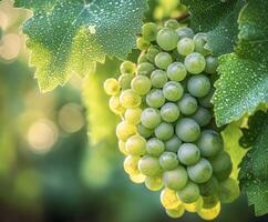 Fresh green grapes in a vineyard during morning light photo
