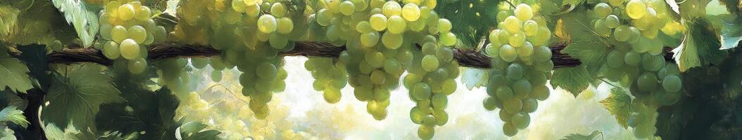 Bunches of ripe green grapes hanging on a vine photo