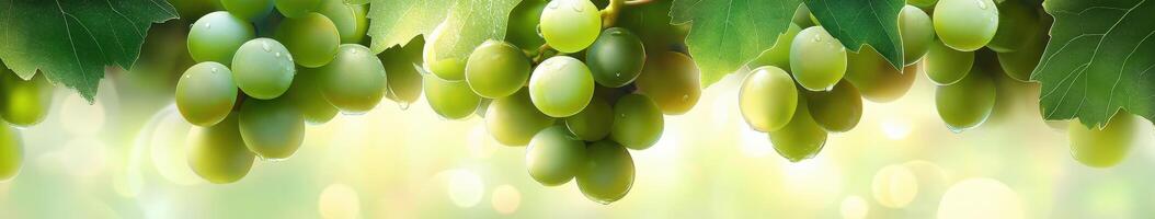Fresh green grapes hanging from lush vines in sunlight photo