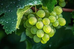 Fresh green grapes on vine with dew in morning sunlight photo