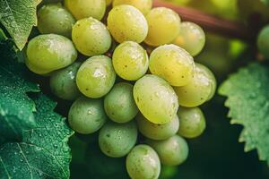 Fresh green grapes growing on a vine in sunlight photo