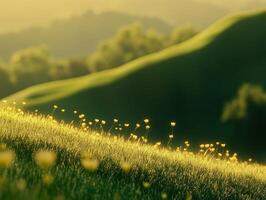 Sunlit meadow with blooming flowers in springtime photo
