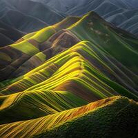 Rolling green hills capture sunlight during sunset photo