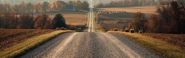 Countryside road with autumn foliage and distant barns photo