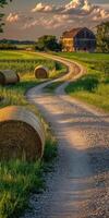 Countryside pathway with hay bales under sunset sky photo