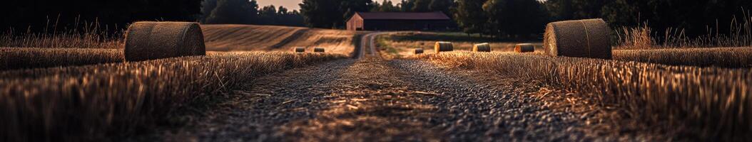 Rural pathway leads to a red barn at sunset photo