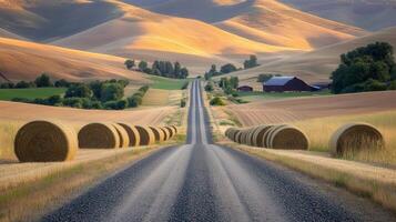Rolling hills and hay bales under a golden sunset photo