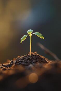 New plant sprouting from soil in soft sunlight photo