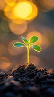 New plant sprout growing in soil during golden hour photo