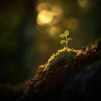 New plant sprouting in sunlight filtered through trees photo