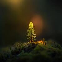 Small fern illuminated by soft light in a dark setting photo