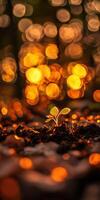 New plant emerges in sunlight with bokeh background photo