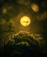 New sprout emerges in a forest at sunset photo