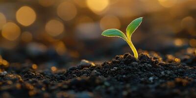 New plant sprouting in rich soil during sunset glow photo