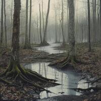 Serene wetland with trees in early morning fog photo