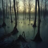 Mystical twilight in a misty forest landscape photo