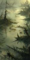 Misty swamp landscape at dawn with eerie reflections photo