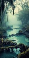 Misty swamp with water and trees in the early morning photo