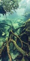 Explore the enchanting underwater roots in a serene forest photo