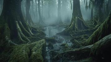 Mysterious swamp landscape enveloped in mist photo