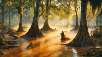 Misty morning in a tranquil forested wetland photo