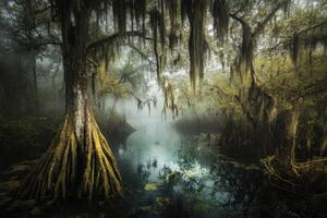 Misty morning in a serene wetland forest photo