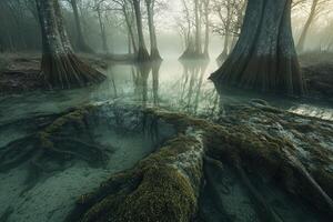 Misty morning in a serene wetland area with cypress trees photo