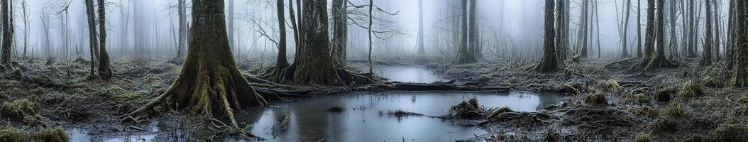 Misty forest landscape with still water in early morning photo