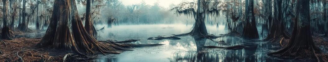 Misty morning in a tranquil swamp landscape photo