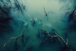 Dead trees in the water with fog and mist photo