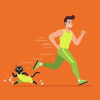 Man and Cat Running Together Enjoying Exercise and Healthy Lifestyle vector