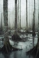 Mysterious swamp landscape with fog and tall trees photo
