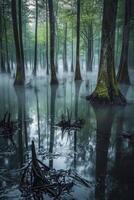 Misty swamp landscape with towering trees and reflections photo