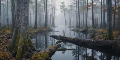 Misty forest reflection in a tranquil swamp environment photo