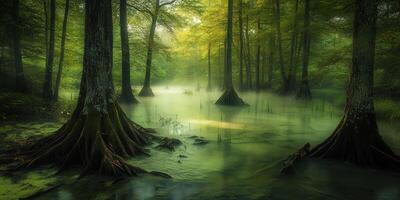 Lush green swamp with mist in early morning light photo