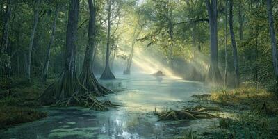 Morning light filters through a serene swamp photo