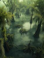 Mysterious swamp landscape with cypress trees at dawn photo