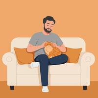 Man Petting Orange Tabby Cat on Sofa Relaxing Indoors Together vector