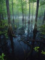 Misty cypress swamp at dawn in serene landscape photo