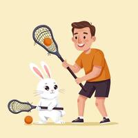 Man Playing Game with Rabbit Using Sticks and Ball Together vector