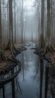 Foggy forest with winding creek and trees in reflection photo