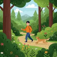 Man Walking Dog on Forest Path Surrounded by Lush Greenery vector