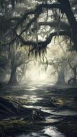 Enchanted forest pathway with misty atmosphere at dawn photo