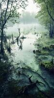 Misty wetland landscape at dawn with calm water photo