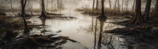 Mysterious mist over a tranquil swamp in early morning photo