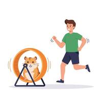 Man Running Next to Hamster on Wheel in Playful Cartoon vector