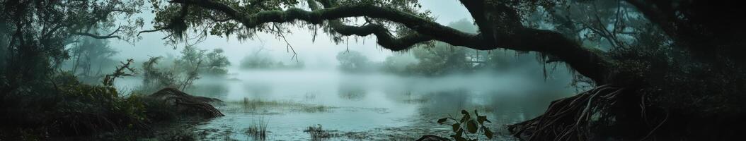 Misty lake surrounded by trees in the early morning photo