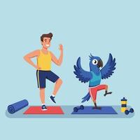 Man and Parrot Doing Leg Exercises Together on Yoga Mats vector