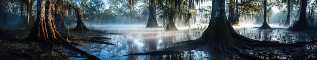 Morning mist rises over a serene swamp landscape photo