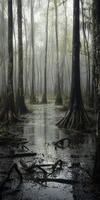 Misty swamp with towering trees at dawn photo